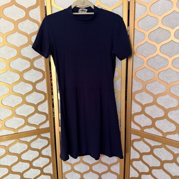 Reformation Size Large Navy Blue Ribbed Knit Mock Neck Short Sleeve Mini Dress - Picture 3 of 12